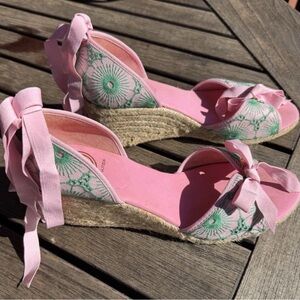Lilly Pulitzer Pink Floral Espadrille Wedge Sandals with Ankle Tie
